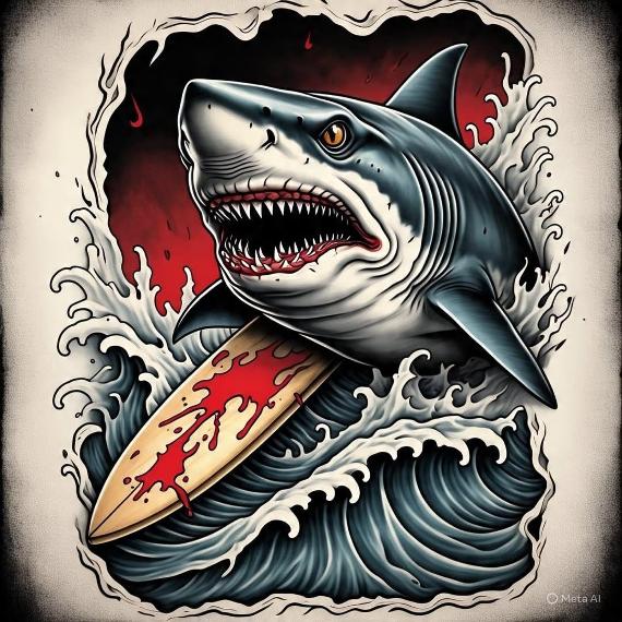 Utah Tattoo Studio & Surf Club 101 logo — shark with a bloody surfboard in ocean waves